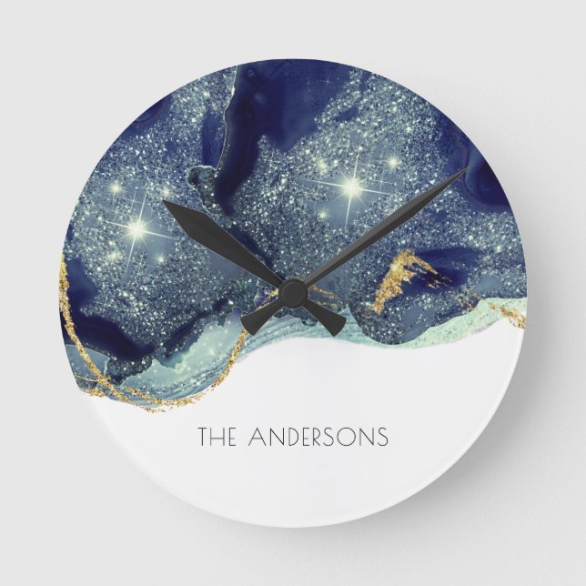 Fluid Abstract Alcohol Ink Gold Navy Glitter Round Clock (Front)