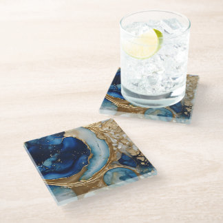 Fluid Abstract Gold-Navy Beach Glass Coaster