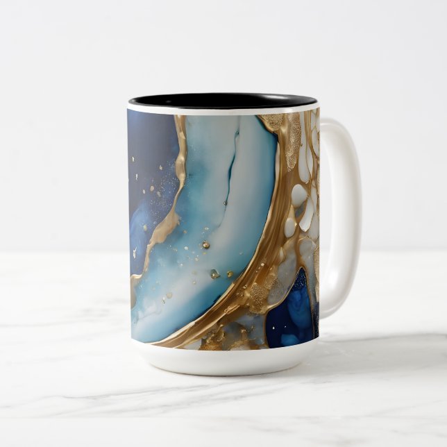 Fluid Abstract Gold-Navy Beach Two-Tone Coffee Mug (Front Right)