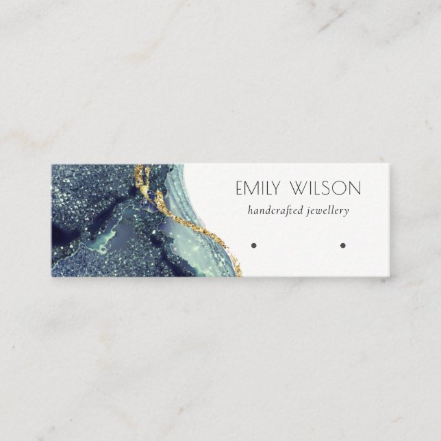 Fluid Abstract Gold Navy Glitter Earring Display Mini Business Card (Front)