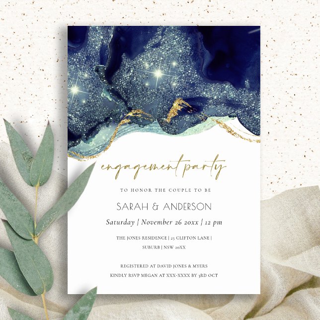 Fluid Abstract Gold Navy Glitter Engagement Invite (Creator Uploaded)