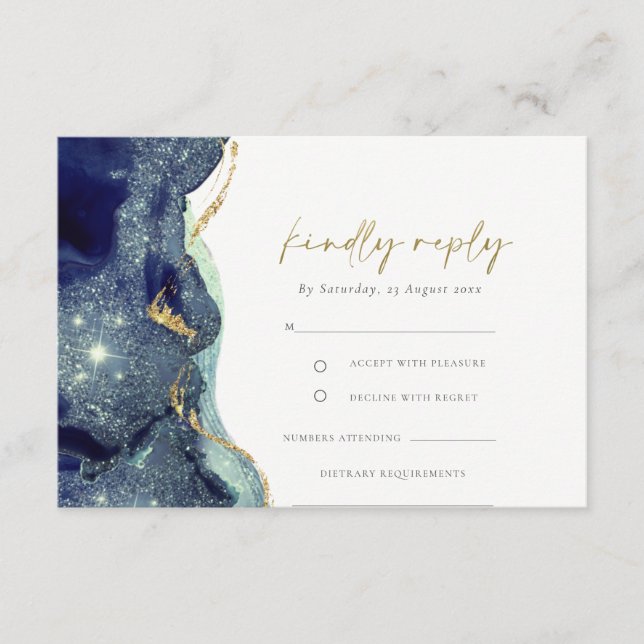 Fluid Abstract Gold Navy Glitter Wedding RSVP Enclosure Card (Front)