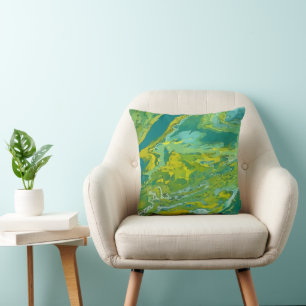Fluid Abstract, Green, Lime, Yellow Throw Pillow