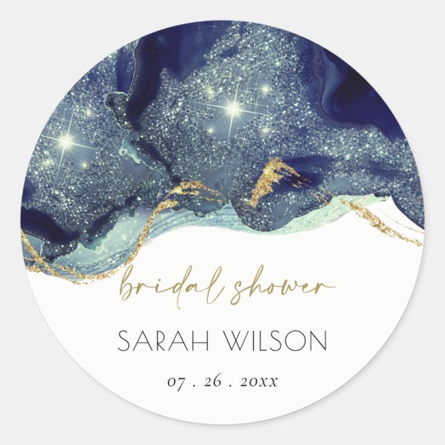 Fluid Abstract Ink Gold Navy Glitter Bridal Shower Classic Round Sticker (Front)