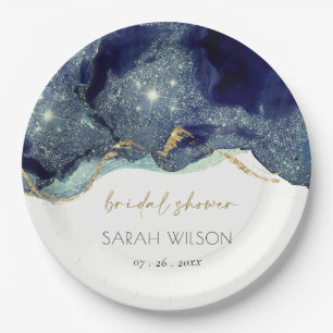 Fluid Abstract Ink Gold Navy Glitter Bridal Shower Paper Plate