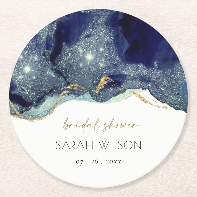 Fluid Abstract Ink Gold Navy Glitter Bridal Shower Round Paper Coaster (Front)