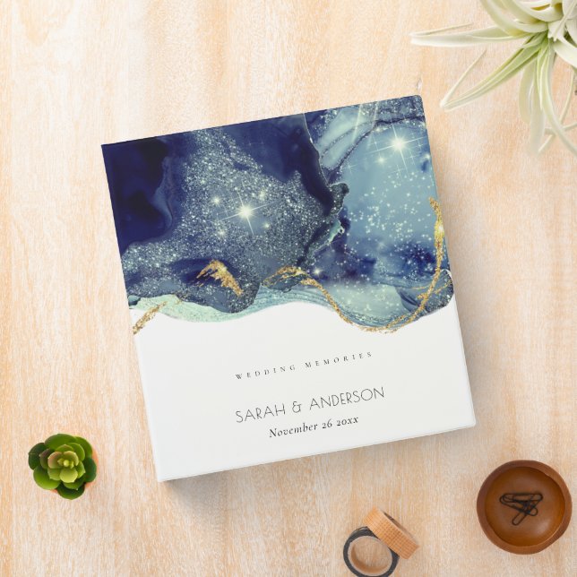 Fluid Abstract Ink Gold Navy Glitter Wedding Binder (In Situ)