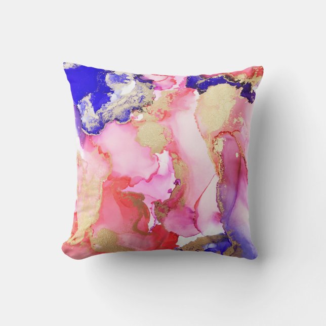 Fluid Art Abstract Pink Purple Gold Metallic Throw Pillow (Front)