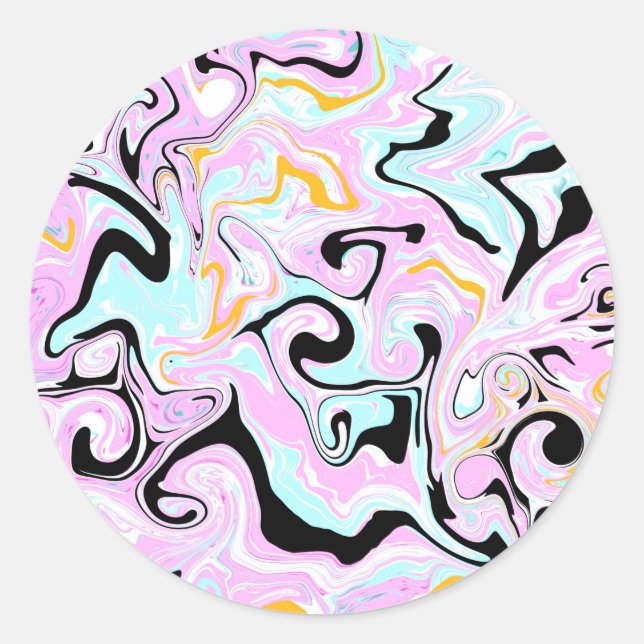 Fluid Art  Cotton Candy Pink, Teal, Black and Gold Classic Round Sticker (Front)