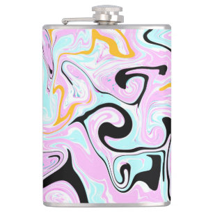Fluid Art  Cotton Candy Pink, Teal, Black and Gold Hip Flask