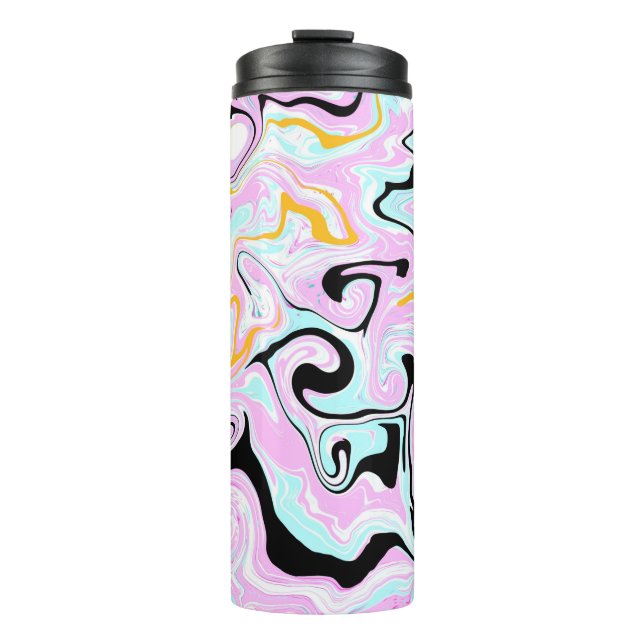 Fluid Art  Cotton Candy Pink, Teal, Black and Gold Thermal Tumbler (Front)