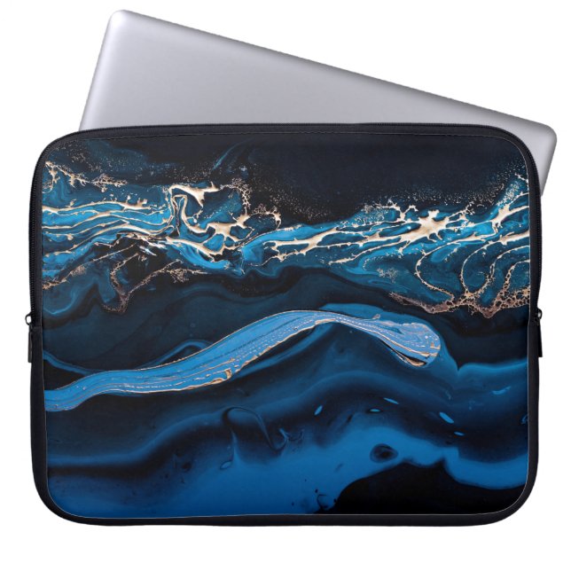 Fluid Art. Liquid Metallic Gold in abstract blue w Laptop Sleeve (Front)