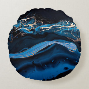 Fluid Art. Liquid Metallic Gold in abstract blue w Round Pillow