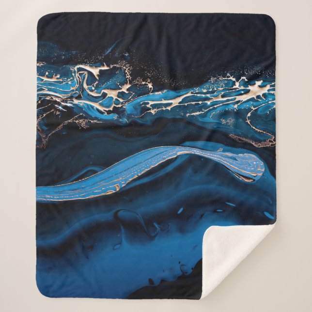 Fluid Art. Liquid Metallic Gold in abstract blue w Sherpa Blanket (Front)