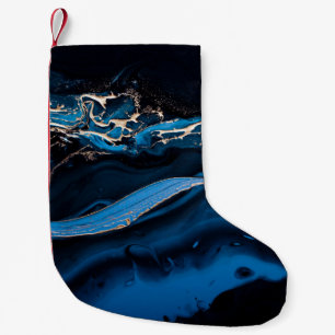 Fluid Art. Liquid Metallic Gold in abstract blue w Small Christmas Stocking