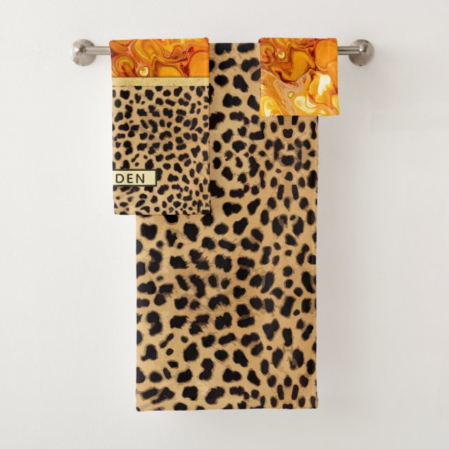 Fluid Art Pour Abstract Personalized Leopard Print Bath Towel Set (Insitu)