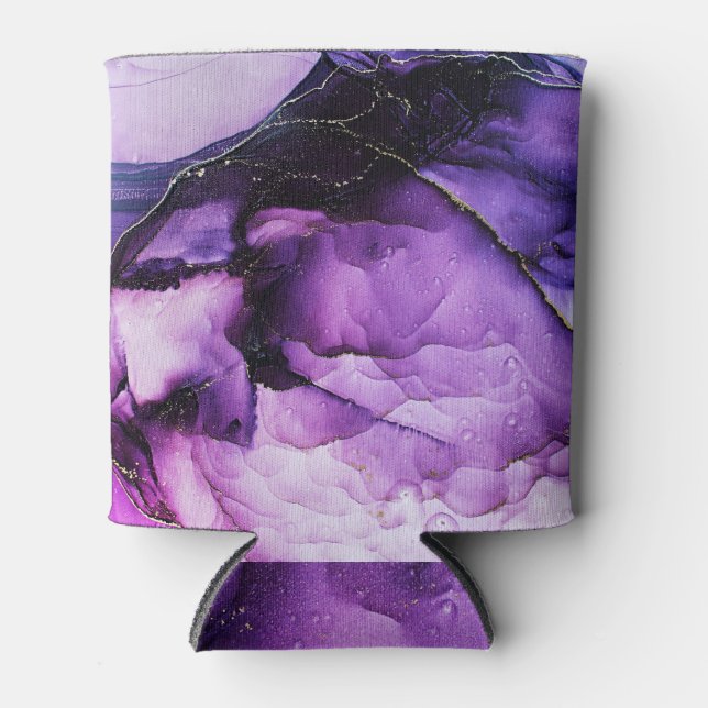 Fluid Art: Purple and Gold Luxury Can Cooler (Front)