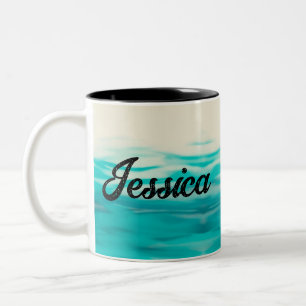Fluid Art Turquoise Wavy Watercolor Custom Name Two-Tone Coffee Mug