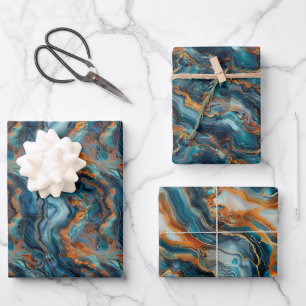 Fluid Geological Formations with Vibrant Blues Wrapping Paper Sheet