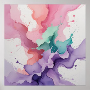 Fluid Harmony – Abstract Watercolor in Teal, Pink  Poster