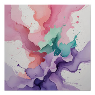 Fluid Harmony – Abstract Watercolor in Teal, Pink  Poster