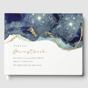 Fluid Ink Abstract Navy Gold Glitter Wedding Guest Book