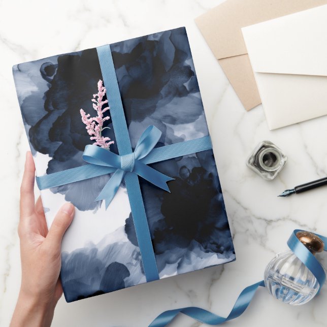 Fluid Ink Black Indigo Splash Abstract Pattern Wrapping Paper (Gifting)