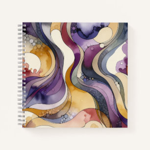 Fluid lines purple and golden abstract watercolor notebook