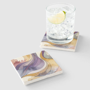 Fluid lines purple and golden abstract watercolor stone coaster