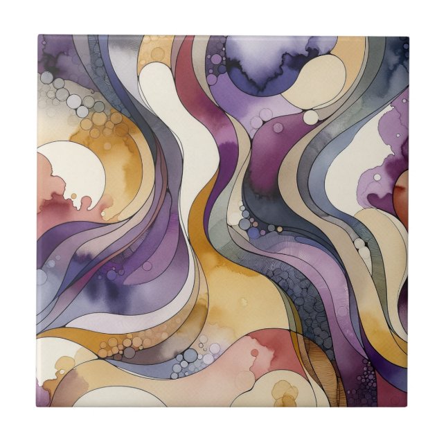 Fluid lines purple and golden abstract watercolor tile (Front)