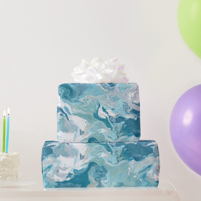 Fluid Ocean Aqua Blue Drift White Abstract pattern Wrapping Paper (Party Gifts)