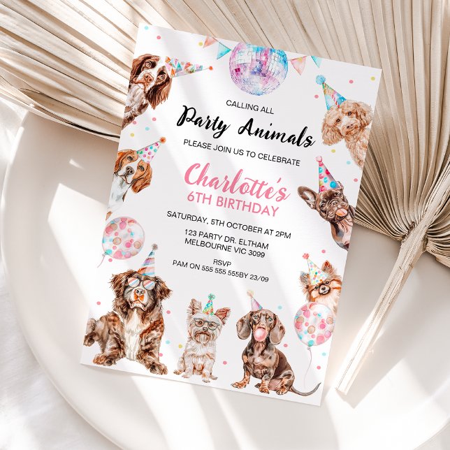 Fluorescent Calling Party Animals Dogs Birthday Invitation (Girls Dogs Themed Birthday Invitation Template, Editable Party Animals Birthday Invitation, Hats)