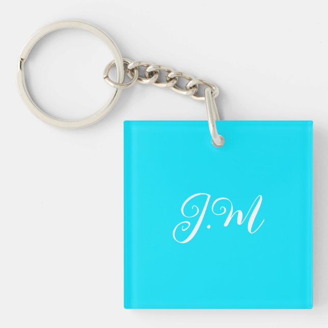 Fluorescent neon blue solid colour initials name keychain (Front)