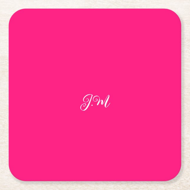 Fluorescent neon pink solid colour initials name  square paper coaster (Front)
