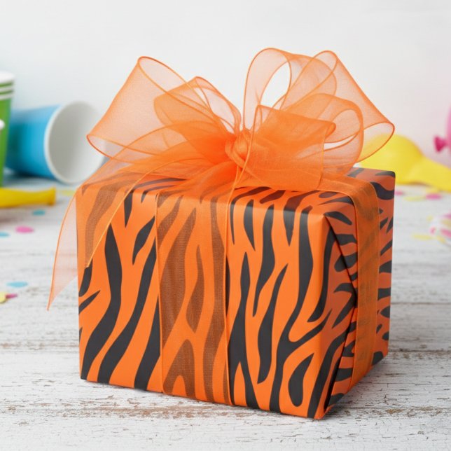 Fluorescent Orange Small Zebra Print Wrapping Paper (Fun Fluorescent Orange Wrapping Paper for Cool 80's Kids Party. Modern Zebra Animal Print Gift Wrap)