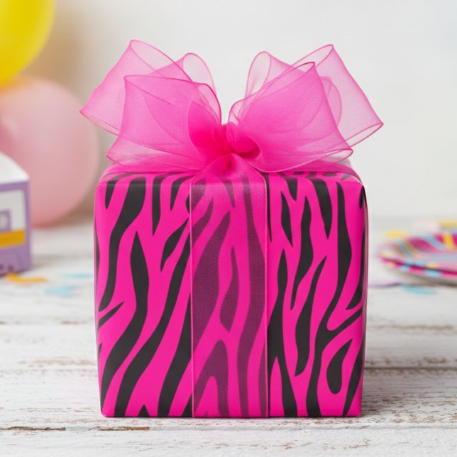 Fluorescent Pink Small Zebra Print Wrapping Paper (Fun Fluorescent Pink Wrapping Paper for Cool 80's Kids Party. Modern Zebra Animal Print Gift Wrap)