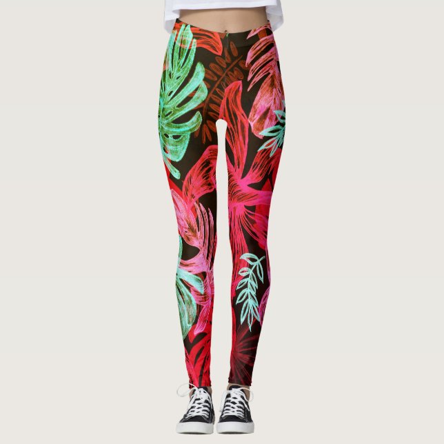 Fluorescent tropical palm leaves leggings (Front)