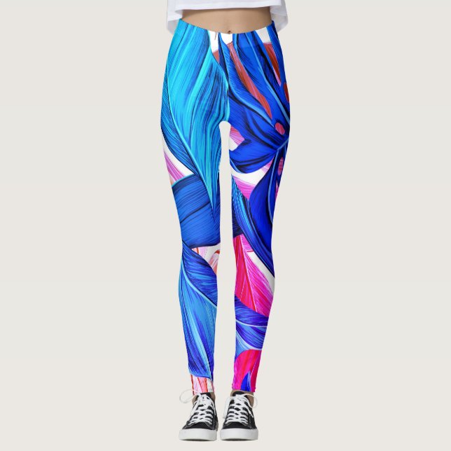 Fluorescent tropical palm leaves leggings (Front)
