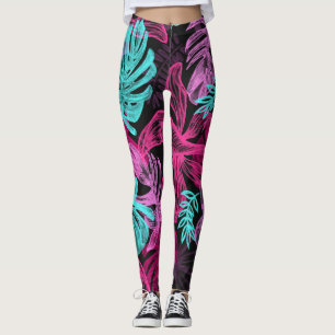 Fluorescent tropical palm leaves leggings