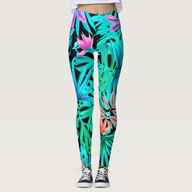 Fluorescent tropical palm leaves leggings (Front)