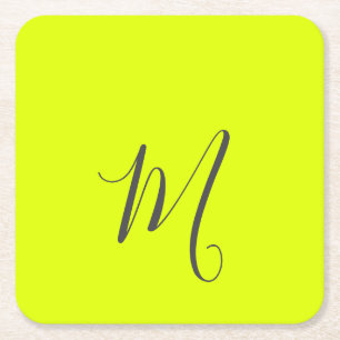 fluorescent yellow - chic monogram square paper coaster