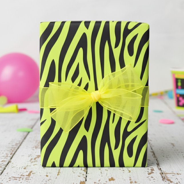 Fluorescent Yellow Small Zebra Print Wrapping Paper (Fun Fluorescent Yellow Wrapping Paper for Cool 80's Kids Party. Modern Zebra Animal Print Gift Wrap)