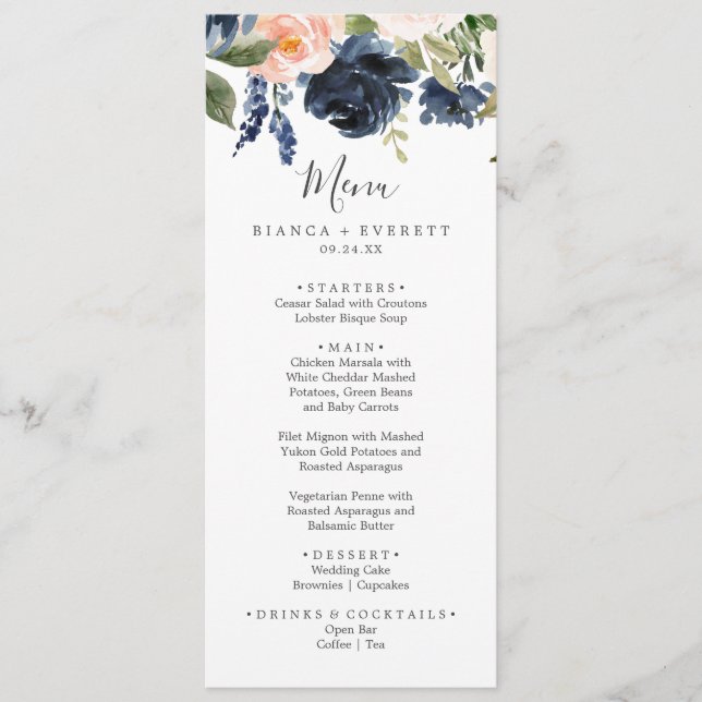 Flush et Navy Flowers | Menu du dîner Mariage blan (Devant)