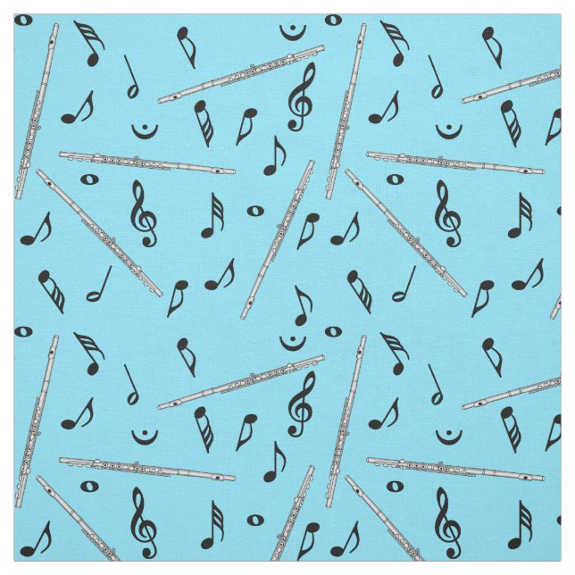 Flute Black Music Notes  Fabric (Swatch)