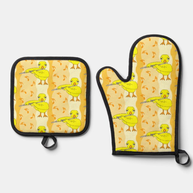 Flute Chick Pattern Oven Mitt & Pot Holder Set (Front)