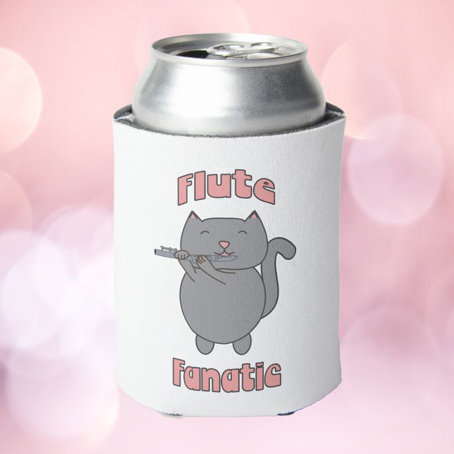 Flute Fanatic Cat Cute Musician Kitty Design Can Cooler (A can cooler featuring a gray cat playing the flute with the words Flute Fanatic)