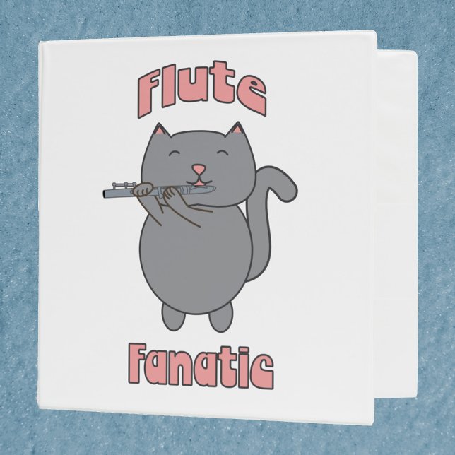 Flute Fanatic Cat Design Binder (A binder with a cute gray kawaii cat playing the flute and the words flute fanatic in pink.)