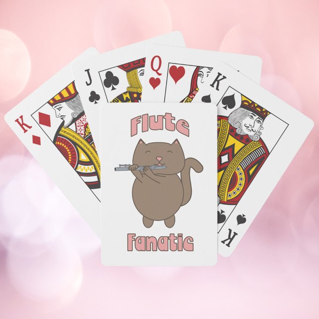 Flute Fanatic Cat Pink Cute Playing Cards (A deck of playing cards with a brown cat playing the flute with the words flute fanatic)