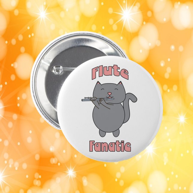Flute Fanatic Cute Grey Cat Pink 2 Inch Round Button (A pin back button with a gray cat playing the flute and the words Flute Fanatic.)