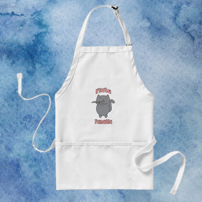 Flute Fanatic Flutist Grey Cat Standard Apron (An apron with a flute playing gray cat and the words flute fanatic in pink.)